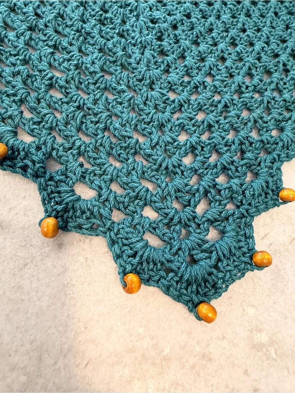 Handmade Crochet Wood Beaded Kerchief Head Scarf Cotton Boho Bandana Cottagecore